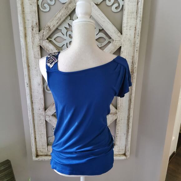 a.n.a. Women's Short Sleeve Asymmetric Strap Embellished Shoulder Top in Blue - Picture 6 of 6